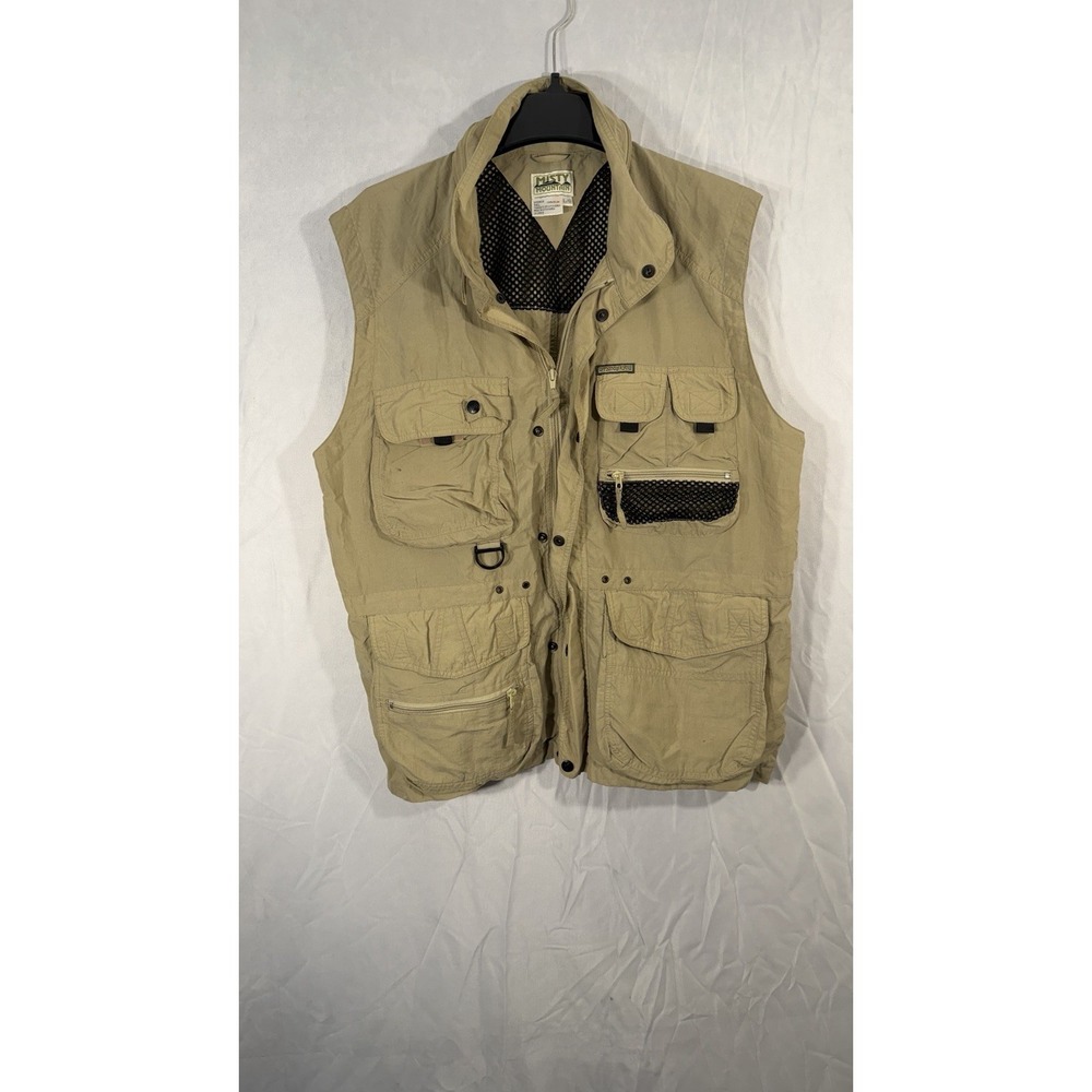 Vintage Hiking Camping Utility Full Zip Vest Beige L Mens Misty Mountain Fish